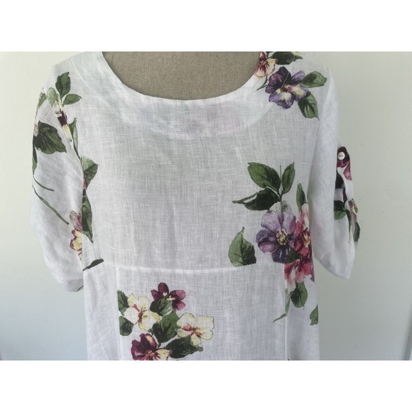 VANSA White Linen Floral Relaxed Langenlook Dress Made in Italy Petite Small - Picture 3 of 16
